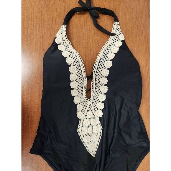 Kona Sol Women's LARGE Crochet Trim Plunge One Piece Swimsuit - Picture 5 of 10